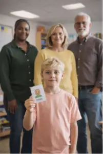 Young student holding a functional communication card during a Lifespace Access digital assessment session with a supportive educational team.