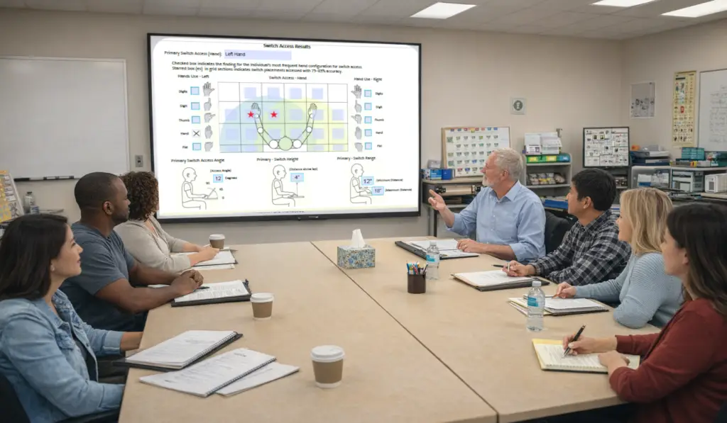 A multidisciplinary team of educators and specialists collaborating in a meeting room to review LAP-AT assessment results and develop an individualized instructional program for a student.