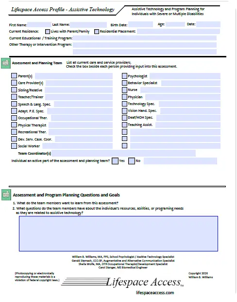 Sample page of the Lifespace Access Profile-Assistive Technology (LAP-AT) assessment form showing the multidisciplinary team identification section and checkboxes.