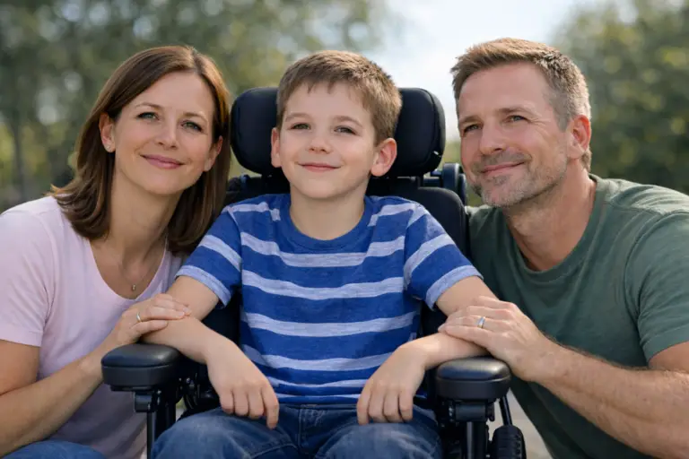 A smiling young boy in a power wheelchair with his supportive parents, highlighting the family-centered and collaborative approach of the Lifespace Access Profile (LAP-AT).