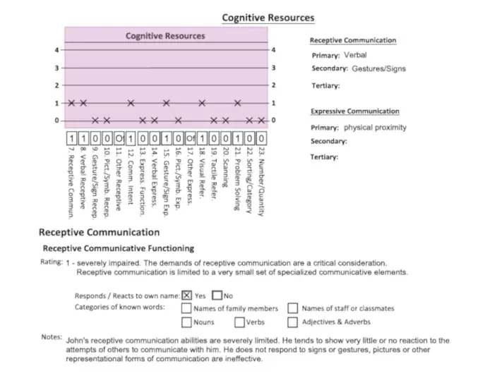 LAP-ASD Cognitive Resources results graph and qualitative data, highlighting an individual's processing and learning characteristics for instructional program planning.