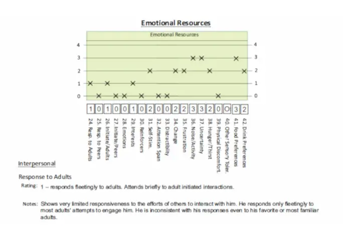 LAP-ASD Emotional Resources results graph and ratings, capturing data on sensory characteristics and emotional regulation for Level 2 and 3 Autism.