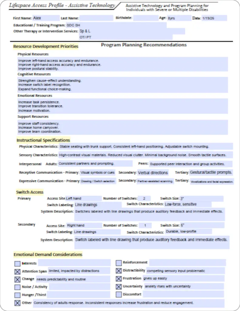 Sample LAP-AT Instructional Specifications form detailing a student's individualized requirements for physical seating, sensory high-contrast materials, and primary switch access site characteristics.