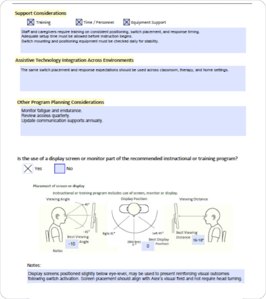 Sample page of the LAP-AT program planning tool titled 'Other Program Planning Considerations,' featuring a question about display screen use with 'YES' and 'NO' checkboxes, and sections with completed planning notes.
