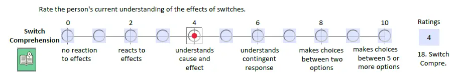 Sample LAP-AT rating scale for Switch Comprehension, demonstrating the assessment of cause and effect understanding in assistive technology planning.