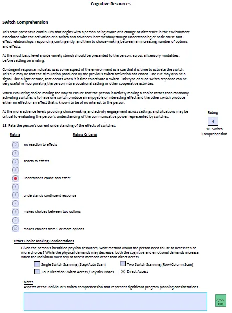 Image of page in LAP-AT Manual showing the rating criteria for the individual's level of comprehension of switch activation effects