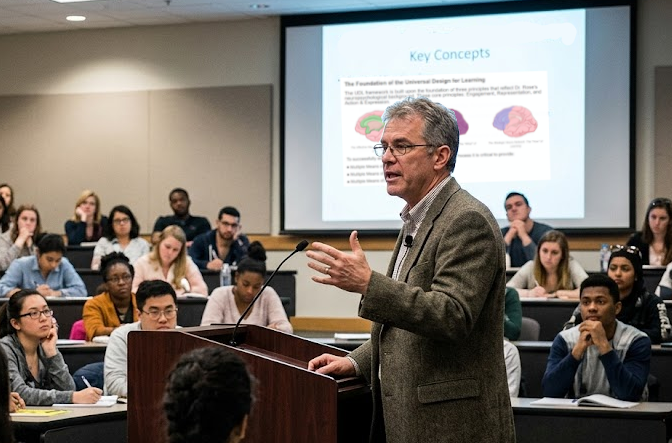 an image of a college professor lecturing in front of a screen showing the UDL brain systems images.