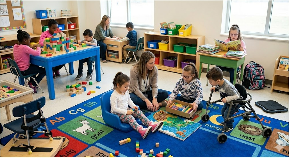 a classroom scene where a range of special needs students are learning.